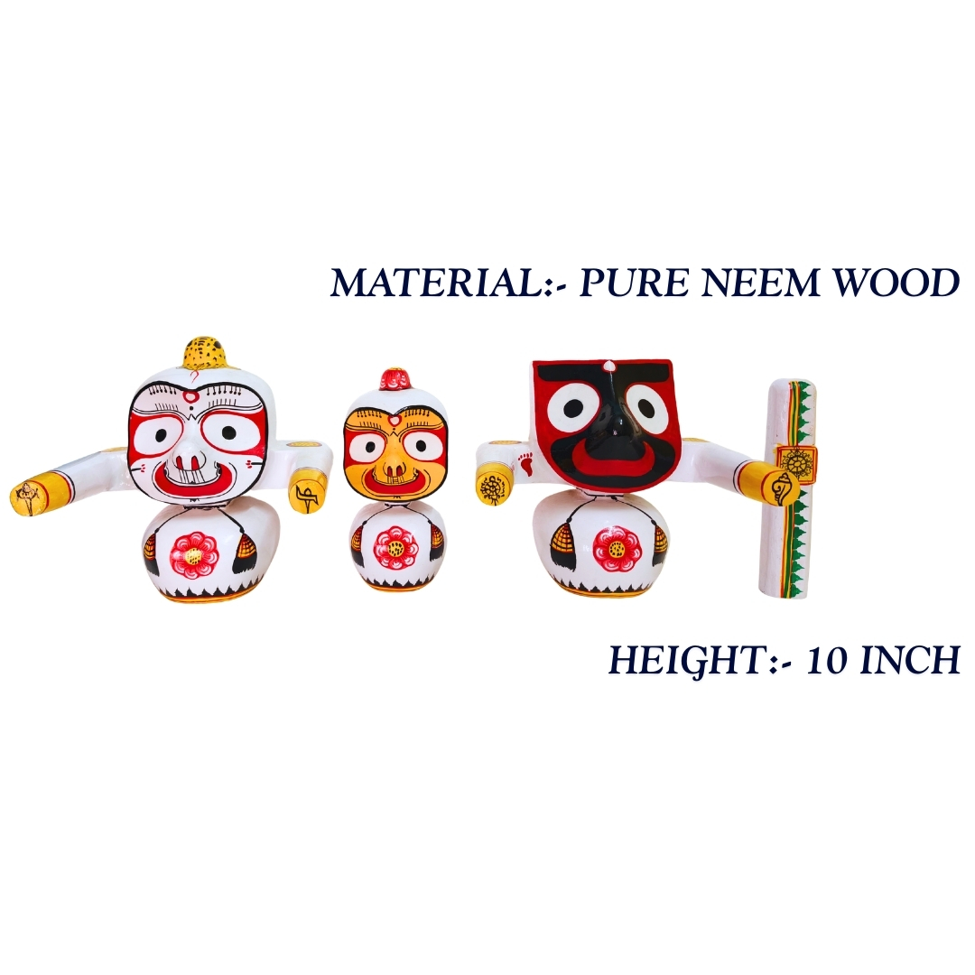 10 Inch Pure Neem Wood Jagannath Balabhadra Subhadra Idol Set – Handmade Puri Art