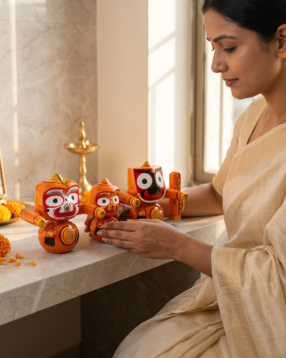 Handcrafted Wooden Jagannath Balabhadra Subhadra Idol Set – Traditional Puri Art - Image 3