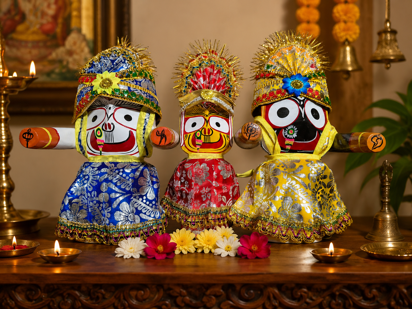 8 Inch Handcrafted Lord Jagannath, Balabhadra & Subhadra Wooden Idol Set With Traditional Attire